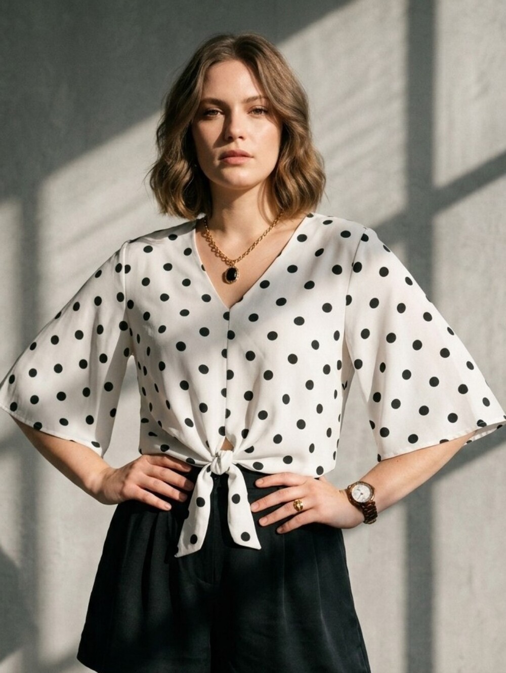 ​1.STATE Polka Dot Tie Front Blouse V-Neck Bell Sleeve Retro French Chic M